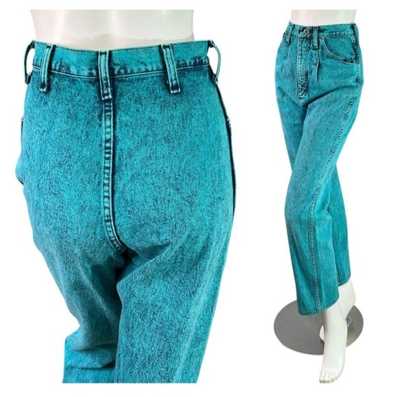 80s Wrangler Acid Wash Turquoise Over-Dye High Rise Jeans Straight Leg Size 7/8 - Picture 1 of 13
